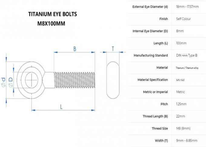 Threaded Eye Bolt CNC Titanium Parts Gr2 Gr5 M8 X 35 Din444 Resistant Corrosion