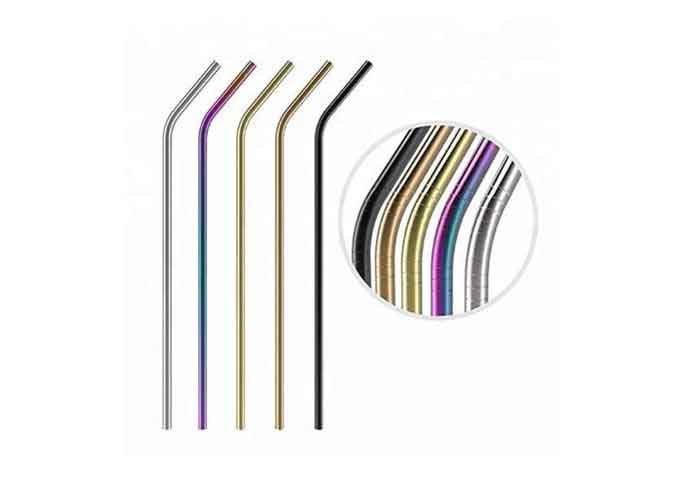 Bent Long Shape Titanium Drinking Straws Durable With Cleaning Brush Lightweight